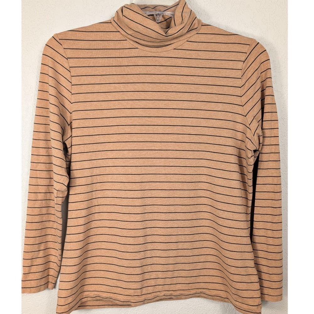 Lands End Turtleneck Top Womens L/P Tan Striped Shaped‎ Long Sleeve Cotton Blend
